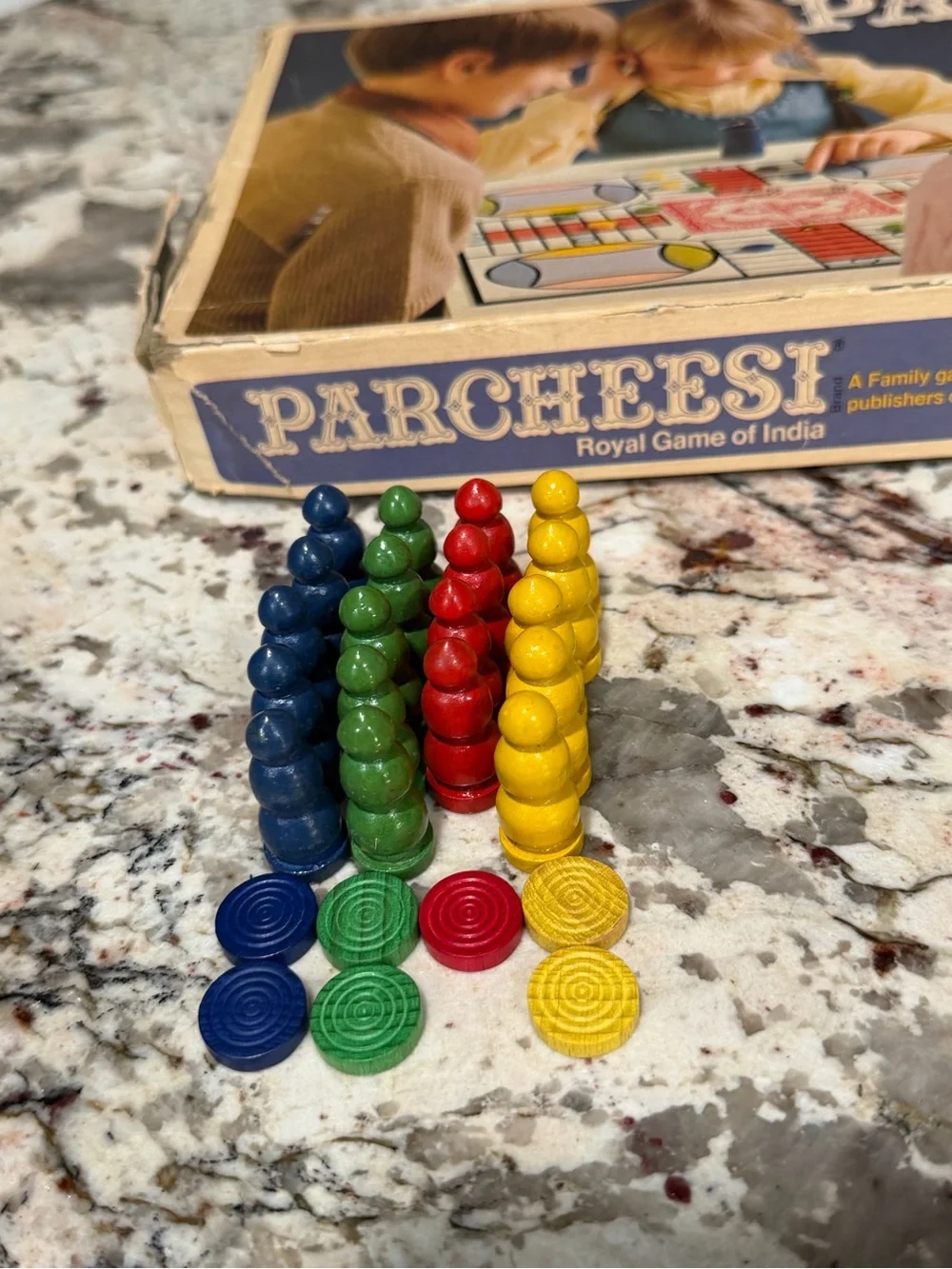Parcheesi Board Game Set of 19 Blue yellow red green Pieces & 7 Markers & Box